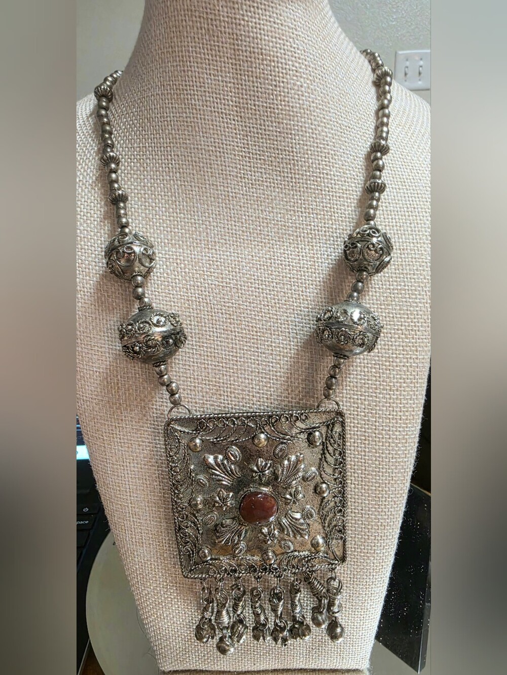 Vintage Tibetan Style Square Filigree Pendant Red Cabochon Necklace